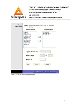 Figura 07: Lista de bloqueio aos protocolos
CENTRO UNIVERSITÁRIO DE CAMPO GRANDE
TECNOLOGIA EM REDES DE COMPUTADORES
REDES SEM FIO E COMUNICAÇÃO MÓVEL
3/4º SEMESTRE
PROFESSOR CARLOS RICARDO BERNAL VEIGA
Figura 07: Lista de bloqueio aos protocolos
CENTRO UNIVERSITÁRIO DE CAMPO GRANDE
TECNOLOGIA EM REDES DE COMPUTADORES
REDES SEM FIO E COMUNICAÇÃO MÓVEL
PROFESSOR CARLOS RICARDO BERNAL VEIGA
5
 