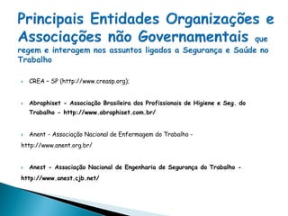  CREA – SP (http://www.creasp.org);
 Abraphiset - Associação Brasileira dos Profissionais de Higiene e Seg. do
Trabalho - http://www.abraphiset.com.br/
 Anent - Associação Nacional de Enfermagem do Trabalho -
http://www.anent.org.br/
 Anest - Associação Nacional de Engenharia de Segurança do Trabalho -
http://www.anest.cjb.net/
 