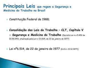  Constituição Federal de 1988;
 Consolidação das Leis do Trabalho – CLT, Capítulo V
- Segurança e Medicina do Trabalho (Decreto Lei n o 5.452 de
01.05.1943, atualizada pela Lei n. 0 6.514, de 22 de janeiro de 1977)
 Lei nº6.514, de 22 de janeiro de 1977 (D.O.U. 23.12.1977);
 