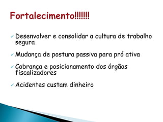  Desenvolver e consolidar a cultura de trabalho
segura
 Mudança de postura passiva para pró ativa
 Cobrança e posicionamento dos órgãos
fiscalizadores
 Acidentes custam dinheiro
 
