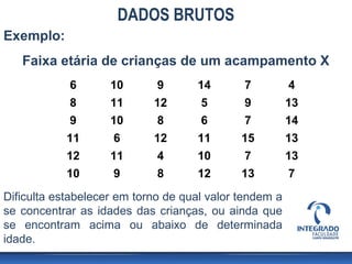 DADOS BRUTOS
Exemplo:
   Faixa etária de crianças de um acampamento X
            6       10       9      14       7          4
            8       11      12       5       9          13
            9       10       8       6       7          14
            11      6       12      11       15         13
            12      11       4      10       7          13
            10      9        8      12       13         7
Dificulta estabelecer em torno de qual valor tendem a
se concentrar as idades das crianças, ou ainda que
se encontram acima ou abaixo de determinada
idade.
 