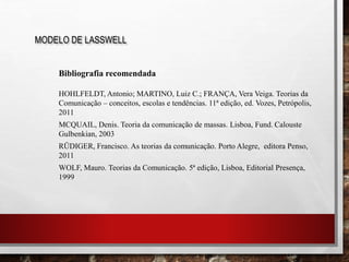 MODELO DE LASSWELL
Bibliografia recomendada
HOHLFELDT, Antonio; MARTINO, Luiz C.; FRANÇA, Vera Veiga. Teorias da
Comunicação – conceitos, escolas e tendências. 11ª edição, ed. Vozes, Petrópolis,
2011
MCQUAIL, Denis. Teoria da comunicação de massas. Lisboa, Fund. Calouste
Gulbenkian, 2003
RÜDIGER, Francisco. As teorias da comunicação. Porto Alegre, editora Penso,
2011
WOLF, Mauro. Teorias da Comunicação. 5ª edição, Lisboa, Editorial Presença,
1999
 
