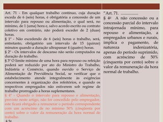 
JORNADA DE
TRABALHO
Art. 71 - Em qualquer trabalho contínuo, cuja duração
exceda de 6 (seis) horas, é obrigatória a concessão de um
intervalo para repouso ou alimentação, o qual será, no
mínimo, de 1 (uma) hora e, salvo acordo escrito ou contrato
coletivo em contrário, não poderá exceder de 2 (duas)
horas.
§ 1º - Não excedendo de 6 (seis) horas o trabalho, será,
entretanto, obrigatório um intervalo de 15 (quinze)
minutos quando a duração ultrapassar 4 (quatro) horas.
§ 2º - Os intervalos de descanso não serão computados na
duração do trabalho.
§ 3º O limite mínimo de uma hora para repouso ou refeição
poderá ser reduzido por ato do Ministro do Trabalho,
Indústria e Comércio, quando ouvido o Serviço de
Alimentação de Previdência Social, se verificar que o
estabelecimento atende integralmente às exigências
concernentes à organização dos refeitórios, e quando os
respectivos empregados não estiverem sob regime de
trabalho prorrogado a horas suplementares.
§ 4º - Quando o intervalo para repouso e alimentação,
previsto neste artigo, não for concedido pelo empregador,
este ficará obrigado a remunerar o período correspondente
com um acréscimo de no mínimo 50% (cinqüenta por
cento) sobre o valor da remuneração da hora normal de
trabalho
o
“Art. 71. .................
§ 4o A não concessão ou a
concessão parcial do intervalo
intrajornada mínimo, para
repouso e alimentação, a
empregados urbanos e rurais,
implica o pagamento, de
natureza indenizatória,
apenas do período suprimido,
com acréscimo de 50%
(cinquenta por cento) sobre o
valor da remuneração da hora
normal de trabalho.
 