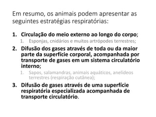 Em resumo, os animais podem apresentar as
seguintes estratégias respiratórias:
1. Circulação do meio externo ao longo do corpo;
1. Esponjas, cnidários e muitos artrópodes terrestres;
2. Difusão dos gases através de toda ou da maior
parte da superfície corporal, acompanhada por
transporte de gases em um sistema circulatório
interno;
1. Sapos, salamandras, animais aquáticos, anelídeos
terrestres (respiração cutânea);
3. Difusão de gases através de uma superfície
respiratória especializada acompanhada de
transporte circulatório.
 