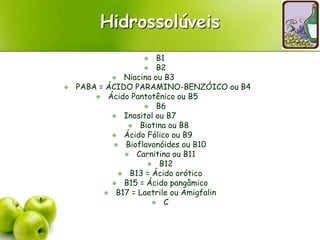 Hidrossolúveis
 B1
 B2
 Niacina ou B3
 PABA = ÁCIDO PARAMINO-BENZÓICO ou B4
 Ácido Pantotênico ou B5
 B6
 Inositol ou B7
 Biotina ou B8
 Ácido Fólico ou B9
 Bioflavonóides ou B10
 Carnitina ou B11
 B12
 B13 = Ácido orótico
 B15 = Ácido pangâmico
 B17 = Laetrile ou Amigfalin
 C
 
