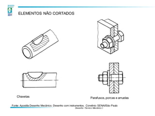ELEMENTOS NÃO CORTADOS
Fonte: Apostila Desenho Mecânico. Desenho com instrumentos. Convênio SENAI/São Paulo
Desenho Técnico Mecânico I
Chavetas Parafusos,porcas e arruelas
 