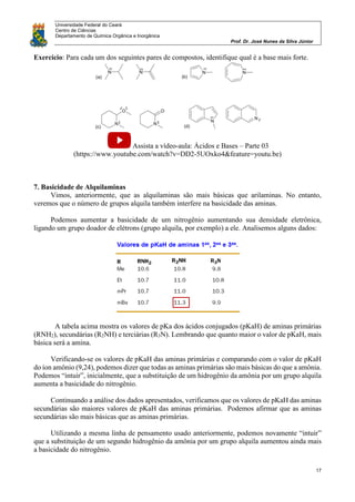 Universidade Federal do Ceará
Centro de Ciências
Departamento de Química Orgânica e Inorgânica
Prof. Dr. José Nunes da Silva Júnior
17
Exercício: Para cada um dos seguintes pares de compostos, identifique qual é a base mais forte.
Assista a vídeo-aula: Ácidos e Bases – Parte 03
(https://www.youtube.com/watch?v=DD2-5UOxko4&feature=youtu.be)
7. Basicidade de Alquilaminas
Vimos, anteriormente, que as alquilaminas são mais básicas que arilaminas. No entanto,
veremos que o número de grupos alquila também interfere na basicidade das aminas.
Podemos aumentar a basicidade de um nitrogênio aumentando sua densidade eletrônica,
ligando um grupo doador de elétrons (grupo alquila, por exemplo) a ele. Analisemos alguns dados:
A tabela acima mostra os valores de pKa dos ácidos conjugados (pKaH) de aminas primárias
(RNH2), secundárias (R2NH) e terciárias (R3N). Lembrando que quanto maior o valor de pKaH, mais
básica será a amina.
Verificando-se os valores de pKaH das aminas primárias e comparando com o valor de pKaH
do íon amônio (9,24), podemos dizer que todas as aminas primárias são mais básicas do que a amônia.
Podemos “intuir”, inicialmente, que a substituição de um hidrogênio da amônia por um grupo alquila
aumenta a basicidade do nitrogênio.
Continuando a análise dos dados apresentados, verificamos que os valores de pKaH das aminas
secundárias são maiores valores de pKaH das aminas primárias. Podemos afirmar que as aminas
secundárias são mais básicas que as aminas primárias.
Utilizando a mesma linha de pensamento usado anteriormente, podemos novamente “intuir”
que a substituição de um segundo hidrogênio da amônia por um grupo alquila aumentou ainda mais
a basicidade do nitrogênio.
 