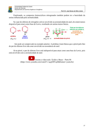 Universidade Federal do Ceará
Centro de Ciências
Departamento de Química Orgânica e Inorgânica
Prof. Dr. José Nunes da Silva Júnior
21
Finalizando, os compostos heterocíclicos nitrogenados também podem ter a basicidade da
amina influenciada pela aromaticidade.
Se o par de elétrons do nitrogênio estiver envolvido na aromaticidade do anel, ele estará menos
disponível para atuar como base de Lewis, resultando em amina menos básica.
Isto pode ser comprovado no exemplo anterior. A piridina é mais básica que o pirrol pelo fato
do par de elétrons livre não estar envolvido na ressonância do anel.
Já no pirrol, o par de elétrons livre está indisponível para atuar como uma base de Lewis, pois
está envolvido com a aromaticidade do anel.
Assista a vídeo-aula: Ácidos e Bases – Parte 04
(https://www.youtube.com/watch?v=aqzjO0VcpII&feature=youtu.be)
 