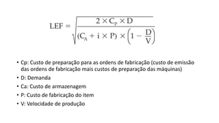• Cp: Custo de preparação para as ordens de fabricação (custo de emissão
das ordens de fabricação mais custos de preparação das máquinas)
• D: Demanda
• Ca: Custo de armazenagem
• P: Custo de fabricação do item
• V: Velocidade de produção
 