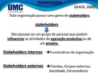 STAKEHOLDERS
(SLACK, 2008)
Toda organização possui uma gama de stakeholders
stakeholders
São pessoas ou um grupo de pessoas que podem
influenciar as atividades da operação produtiva ou de
um projeto.
Stakeholders internos
Stakeholders externos
Funcionários da organização
Clientes, Grupos externos,
Sociedade, Fornecedores
 