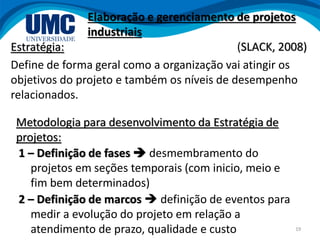 19
Estratégia:
Define de forma geral como a organização vai atingir os
objetivos do projeto e também os níveis de desempenho
relacionados.
2 – Definição de marcos  definição de eventos para
medir a evolução do projeto em relação a
atendimento de prazo, qualidade e custo
Elaboração e gerenciamento de projetos
industriais
(SLACK, 2008)
1 – Definição de fases  desmembramento do
projetos em seções temporais (com inicio, meio e
fim bem determinados)
Metodologia para desenvolvimento da Estratégia de
projetos:
 