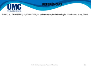 Prof. Me. Henrique dos Prazeres Marcelino 26
REFERÊNCIAS
SLACK, N.; CHAMBERS, S.; JOHNSTON, R. Administração da Produção. São Paulo: Atlas, 2008
 