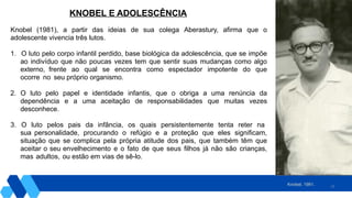 23
Knobel (1981), a partir das ideias de sua colega Aberastury, afirma que o
adolescente vivencia três lutos.
1. O luto pelo corpo infantil perdido, base biológica da adolescência, que se impõe
ao indivíduo que não poucas vezes tem que sentir suas mudanças como algo
externo, frente ao qual se encontra como espectador impotente do que
ocorre no seu próprio organismo.
2. O luto pelo papel e identidade infantis, que o obriga a uma renúncia da
dependência e a uma aceitação de responsabilidades que muitas vezes
desconhece.
3. O luto pelos pais da infância, os quais persistentemente tenta reter na
sua personalidade, procurando o refúgio e a proteção que eles significam,
situação que se complica pela própria atitude dos pais, que também têm que
aceitar o seu envelhecimento e o fato de que seus filhos já não são crianças,
mas adultos, ou estão em vias de sê-lo.
KNOBEL E ADOLESCÊNCIA
Knobel, 1981.
 
