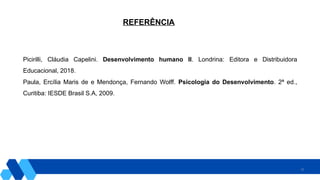 32
REFERÊNCIA
Picirilli, Cláudia Capelini. Desenvolvimento humano II. Londrina: Editora e Distribuidora
Educacional, 2018.
Paula, Ercília Maris de e Mendonça, Fernando Wolff. Psicologia do Desenvolvimento. 2ª ed.,
Curitiba: IESDE Brasil S.A, 2009.
 