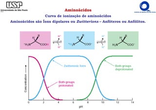 Aminoácidos
Curva de ionização de aminoácidos
Aminoácidos são Íons dipolares ou Zwitterions – Anfóteros ou Anfólitos.
 