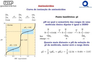 Aminoácidos
Curva de ionização de aminoácidos
Ponto Isoelétrico: pI
pH no qual o somatório das cargas de uma
molécula iônica dipolar é igual a ZERO
Quanto mais distante o pH da solução do
pI da molécula, maior será a carga desta
 