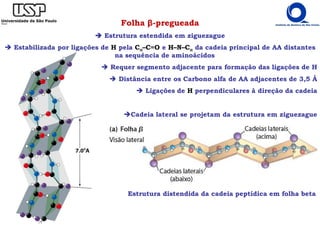 Folha β-pregueada
Estrutura estendida em ziguezague
Estabilizada por ligações de H pela Cα
α
α
α–C=O e H–N–Cα
α
α
α da cadeia principal de AA distantes
na sequência de aminoácidos
Requer segmento adjacente para formação das ligações de H
Distância entre os Carbono alfa de AA adjacentes de 3,5 Å
Ligações de H perpendiculares à direção da cadeia
Cadeia lateral se projetam da estrutura em ziguezague
Estrutura distendida da cadeia peptídica em folha beta
 