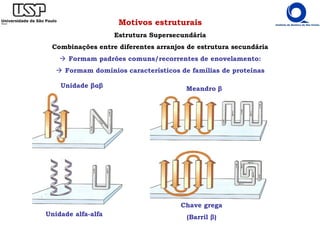 Motivos estruturais
Estrutura Supersecundária
Combinações entre diferentes arranjos de estrutura secundária
Formam padrões comuns/recorrentes de enovelamento:
Formam domínios característicos de famílias de proteínas
Unidade βαβ
Unidade alfa-alfa
Meandro β
Chave grega
(Barril β)
 