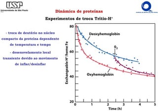 Dinâmica de proteínas
Experimentos de troca Trítio-H+
- troca de deutério no núcleo
compacto da proteína dependente
de temperatura e tempo
- desenovelamento local
transiente devido ao movimento
de inflar/desinflar
 