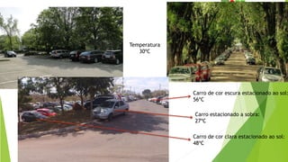 Carro estacionado a sobra:
27ºC
Temperatura
30ºC
Carro de cor clara estacionado ao sol:
48ºC
Carro de cor escura estacionado ao sol:
56ºC
 