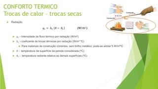 CONFORTO TERMICO
Trocas de calor – trocas secas
 Radiação
 𝑞 𝑟 - Intensidade de fluxo térmico por radiação (W/m²)
 ℎ 𝑟 - coeficiente de trocas térmicas por radiação (W/m² ºC)
 Para materiais de construção correntes, sem brilho metálico, pode-se adotar 5 W/m²ºC
 𝜃 - temperatura da superfície da parede considerada (ºC)
 𝜃𝑟 - temperatura radiante relativa as demais superfícies (ºC)
𝑞 𝑟 = ℎ 𝑟 𝜃 − 𝜃𝑟 (W/m²)
 