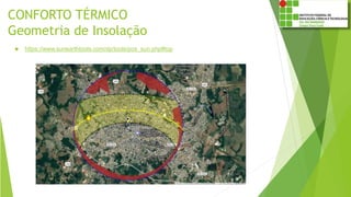 CONFORTO TÉRMICO
Geometria de Insolação
 https://www.sunearthtools.com/dp/tools/pos_sun.php#top
 