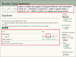 Curso em Sistema de Editoração Eletrônica de Revistas (SEER)
Agosto 2014
Após a criação dos papéis da Equipe Editorial, será necessário
incluir os 1. membros. É possível 2. editar o papel criado, 3.
excluí-lo, ou 4. definir a ordem na relação que ficará online.
12 3 4
 
