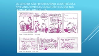 OS GÊNEROS SÃO HISTORICAMENTE CONSTRUÍDOS E
APRESENTAM PADRÕES CARACTERÍSTICOS QUE NOS
PERMITEM RECONHECÊ-LOS
 