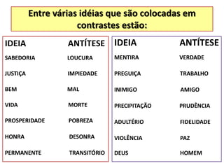 Entre várias idéias que são colocadas em
contrastes estão:
IDEIA ANTÍTESE
SABEDORIA LOUCURA
JUSTIÇA IMPIEDADE
BEM MAL
VIDA MORTE
PROSPERIDADE POBREZA
HONRA DESONRA
PERMANENTE TRANSITÓRIO
IDEIA ANTÍTESE
MENTIRA VERDADE
PREGUIÇA TRABALHO
INIMIGO AMIGO
PRECIPITAÇÃO PRUDÊNCIA
ADULTÉRIO FIDELIDADE
VIOLÊNCIA PAZ
DEUS HOMEM
 