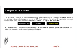 É cediço que a organização interna será feita através previsão estatutária de cada sindicato, sendo vedada a
interferência estatal, todavia, algumas normas da CLT, ainda estão em vigor acerca da organização interna dos
sindicatos, como forma de evitar abusos e uniformizar a matéria. São órgãos dos sindicatos:
2. Órgãos dos Sindicatos
C) Conselho fiscal: O conselho fiscal tem atribuição de fiscalizar as contas e gastos dos sindicatos. Esse
órgão é formado por 3 membros eleitos pela assembleia geral.
Assembleia Geral Diretoria Conselho Fiscal
Direito do Trabalho II – Prof. Felipe Coral UNIFACOL
 