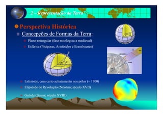 22 –– Representação da TerraRepresentação da Terra
Perspectiva Histórica
Concepções de Formas da Terra:
Plano-retangular (fase mitológica e medieval)
Esférica (Pitágoras, Aristóteles e Erastóstenes)
Esferóide, com certo achatamento nos pólos (~ 1700)
Elipsóide de Revolução (Newton; século XVII)
Geóide (Gauss; século XVIII)( ; )
 
