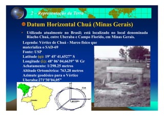 22 –– Representação da TerraRepresentação da Terra
Datum Horizontal Chuá (Minas Gerais)
Utili d t l t B il tá l li d l l d i d
Legenda: Vértice de Chuá - Marco físico que
• Utilizado atualmente no Brasil; está localizado no local denominada
Riacho Chuá, entre Uberaba e Campo Florido, em Minas Gerais.
materializa o SAD-69
Fonte: USP
Latitude (ϕ): 19º 45’ 41,6527” S(ϕ) ,
Longitude (λ): 48º 06’ 04,6639” W Gr
Achatamento: 1/298.25 metros
Altitude Ortométrica: 763 28 metrosAltitude Ortométrica: 763,28 metros
Azimute geodésico para o Vértice
Uberaba:271º30’04,05”
 