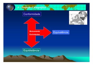 44 –– Projeção CartográficaProjeção Cartográfica
Conformidade
EquivalênciaMutuamente
Equivalência
Excludentes
Equidistância
 