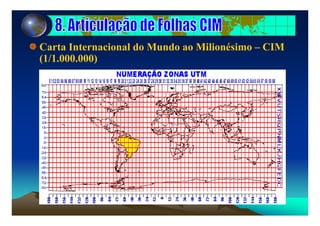 Carta Internacional do Mundo ao Milionésimo – CIM
(1/1.000.000)
A distribuição geográfica das folhas ao Milionésimo foi obtida com a divisão do
planeta em 60 fusos de amplitude 6° numerados a partir do fuso 180° W no
(1/1.000.000)
planeta em 60 fusos de amplitude 6 , numerados a partir do fuso 180 W no
sentido Oeste-Leste.
Cada um dos fusos por sua vez estão divididos a partir da linha do Equador em
21 d 4° d lit d N t ú S l21 zonas de 4° de amplitude para o Norte e com o mesmo número para o Sul.
A divisão em fusos é a mesma adotada nas especificações do sistema UTM. Na
verdade o estabelecimento daquelas especificações é pautado nas características
da CIM.
 