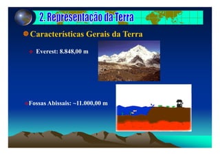 Características Gerais da Terra
Everest: 8.848,00 m
Fossas Abissais: ~11.000,00 m
 