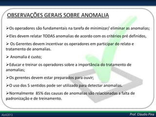 Prof. Cláudio PinaAbril/2013
Os operadores são fundamentais na tarefa de minimizar/ eliminar as anomalias;
Eles devem relatar TODAS anomalias de acordo com os critérios pré definidos,
 Os Gerentes devem incentivar os operadores em participar do relato e
tratamento de anomalias.
 Anomalia é custo;
Educar e treinar os operadores sobre a importância do tratamento de
anomalias;
Os gerentes devem estar preparados para ouvir;
O uso dos 5 sentidos pode ser utilizado para detectar anomalias.
Normalmente 85% das causas de anomalias são relacionadas a falta de
padronização e de treinamento.
OBSERVAÇÕES GERAIS SOBRE ANOMALIA
 