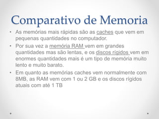 Comparativo de Memoria
• As memórias mais rápidas são as caches que vem em
pequenas quantidades no computador.
• Por sua vez a memória RAM vem em grandes
quantidades mas são lentas, e os discos rígidos vem em
enormes quantidades mais é um tipo de memória muito
lento e muito barato.
• Em quanto as memórias caches vem normalmente com
8MB, as RAM vem com 1 ou 2 GB e os discos rígidos
atuais com até 1 TB
 