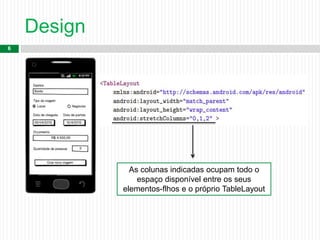 Design
6
As colunas indicadas ocupam todo o
espaço disponível entre os seus
elementos-flhos e o próprio TableLayout
 