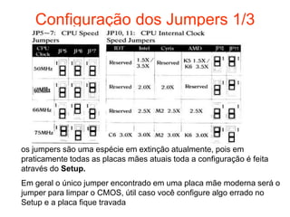 Configuração dos Jumpers 1/3




os jumpers são uma espécie em extinção atualmente, pois em
praticamente todas as placas mães atuais toda a configuração é feita
através do Setup.
Em geral o único jumper encontrado em uma placa mãe moderna será o
jumper para limpar o CMOS, útil caso você configure algo errado no
Setup e a placa fique travada
 