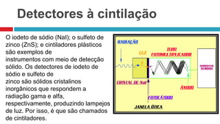 Detectores à cintilação
O iodeto de sódio (NaI); o sulfeto de
zinco (ZnS); e cintiladores plásticos
são exemplos de
instrumentos com meio de detecção
sólido. Os detectores de iodeto de
sódio e sulfeto de
zinco são sólidos cristalinos
inorgânicos que respondem a
radiação gama e alfa,
respectivamente, produzindo lampejos
de luz. Por isso, é que são chamados
de cintiladores.

 