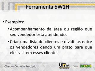 Ferramenta 5W1H
• Exemplos:
• Acompanhamento da área ou região que
seu vendedor está atendendo.
• Criar uma lista de clientes e dividi-las entre
os vendedores dando um prazo para que
eles visitem esses clientes.
 