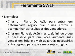 Ferramenta 5W1H
• Exemplos:
• Criar um Plano De Ação para entrar em
determinada região que nunca entrou e
acompanhar os resultados dos vendedores.
• Criar um Plano de Ação macro, definindo o que
é necessário para que você aumente suas
vendas em 30%, e dividir as tarefas necessárias
entre o grupo para que a meta seja atingida.
 