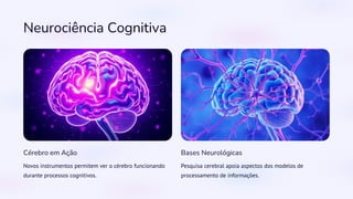 Neurociência Cognitiva
Cérebro em Ação
Novos instrumentos permitem ver o cérebro funcionando
durante processos cognitivos.
Bases Neurológicas
Pesquisa cerebral apoia aspectos dos modelos de
processamento de informações.
 