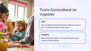 Teoria Sociocultural de
Vygotsky
ZDP
Zona de Desenvolvimento Proximal: diferença entre o
que a criança faz sozinha e com ajuda.
Andaime
Apoio temporário dado à criança até que ela possa
realizar a tarefa sozinha.
 