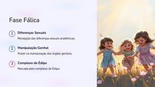 Fase Fálica
1 Diferenças Sexuais
Percepção das diferenças sexuais anatômicas.
2 Manipulação Genital
Prazer na manipulação dos órgãos genitais.
3 Complexo de Édipo
Marcada pelo complexo de Édipo.
 