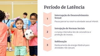 Período de Latência
Interrupção do Desenvolvimento
Sexual
Pausa parcial ou total na atividade sexual infantil.
Introjeção de Normas Sociais
A criança internaliza leis de convivência e
proibição do incesto.
Sublimação
Deslocamento da energia libidinal para
atividades não sexuais.
 