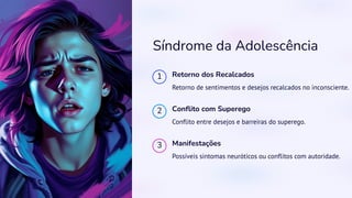 Síndrome da Adolescência
1 Retorno dos Recalcados
Retorno de sentimentos e desejos recalcados no inconsciente.
2 Conflito com Superego
Conflito entre desejos e barreiras do superego.
3 Manifestações
Possíveis sintomas neuróticos ou conflitos com autoridade.
 