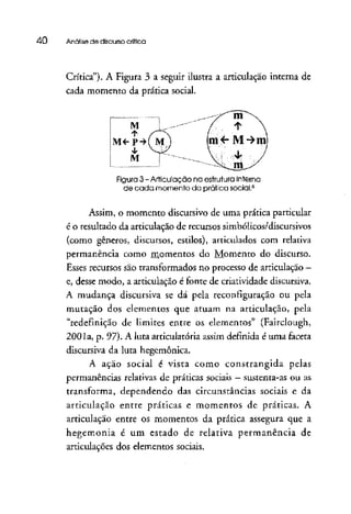 40 Análise de discursocrítica
Crítica"). A Figura 3 a seguir ilustra a articulação interna de
cada momento da prática social.
Figura 3- Articulação na estrutura interna
de cada momento da prática social.6
Assim, o momento discursivo de uma práticaparticular
é o resultado da articulação de recursos simbólicos/discursivos
(como gêneros, discursos, estilos), articulados com relativa
permanência como momentos do Momento do discurso.
Esses recursos sãotransformados no processo de articulação -
e, desse modo, a articulação é fonte de criatividade discursiva.
A mudança discursiva se dá pela reconfiguração ou pela
mutação dos elementos que atuam na articulação, pela
"redefinição de limites entre os elementos" (Fairclough,
2001a, p. 97). A luta articulatória assim definida é uma faceta
discursiva da luta hegemônica.
A ação social é vista como constrangida pelas
permanências relativas de práticas sociais —sustenta-as ou as
transforma, dependendo das circunstâncias sociais e da
articulação entre práticas e momentos de práticas. A
articulação entre os momentos da prática assegura que a
hegemonia é um estado de relativa permanência de
articulações dos elementos sociais.
 
