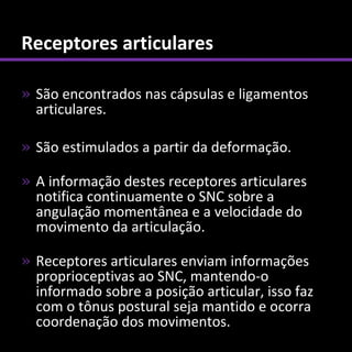 Receptores articulares

» São encontrados nas cápsulas e ligamentos
  articulares.

» São estimulados a partir da deformação.

» A informação destes receptores articulares
  notifica continuamente o SNC sobre a
  angulação momentânea e a velocidade do
  movimento da articulação.

» Receptores articulares enviam informações
  proprioceptivas ao SNC, mantendo-o
  informado sobre a posição articular, isso faz
  com o tônus postural seja mantido e ocorra
  coordenação dos movimentos.
 