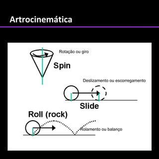 Artrocinemática


           Rotação ou giro




                       Deslizamento ou escorregamento




                     Rolamento ou balanço
 
